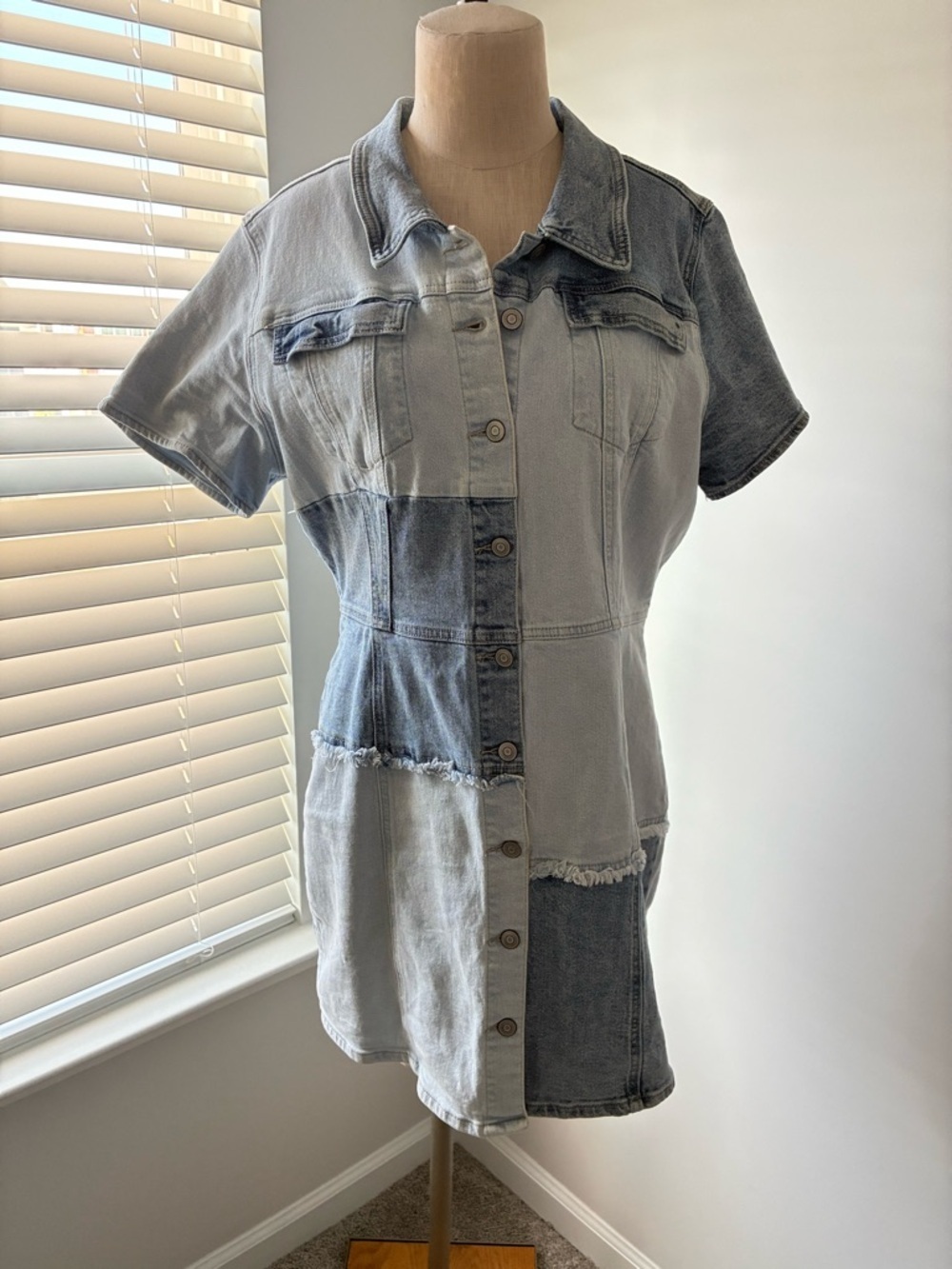 Regeneration Women's Denim Patchwork Short Sleeve Mini Dress